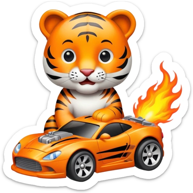cute tiger holding toy hot wheel car with THE CAR wheels on fire sticker