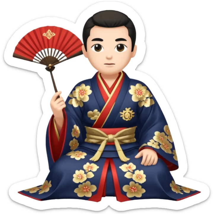 Wealthy warlord in ornate kimono, crest on chest, seated with fan in hand. sticker