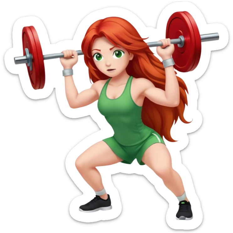 A long-haired red-haired girl with fair skin and green eyes is pressing the barbell sticker