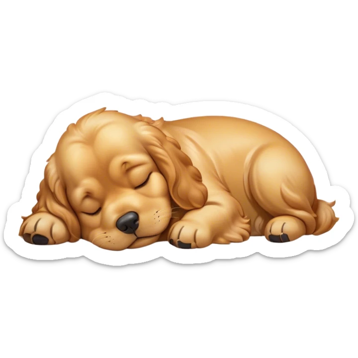 Cinematic Meme-Worthy Chubby Sleeping Gold Cocker Spaniel Portrait Emoji, Head resting peacefully with a contented smile, showcasing a delightfully chubby build and a luxuriously soft golden coat, eyes shut in a serene nap, Simplified yet hilariously adorable features, highly detailed, glowing with a soft, drowsy light, high shine, relaxed and utterly lovable, stylized with an air of playful laziness, bright and heartwarming, soft glowing outline, capturing the essence of a comically sleepy companion, so meme-worthy it feels like it could instantly become the next viral sensation of adorable slumber! sticker