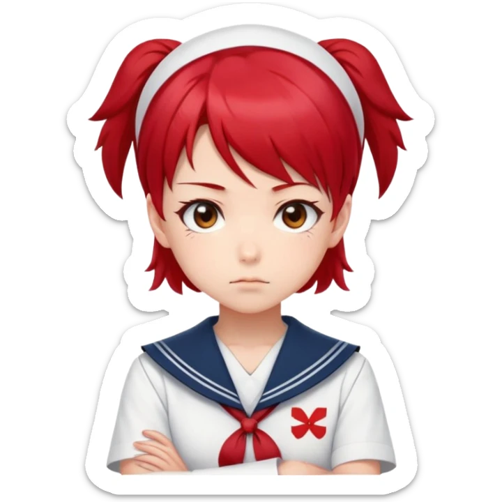 Serious anime girl with short bright red hair wearing Japanese sailor style school uniform, stern expression with arms crossed, focused and determined look sticker