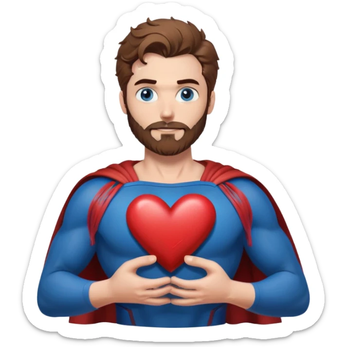 Adult-tall-full body- Superman-with redish brownish messy hair-full neatly trimmed beard-blue eyes-holding a heart with both hands sticker