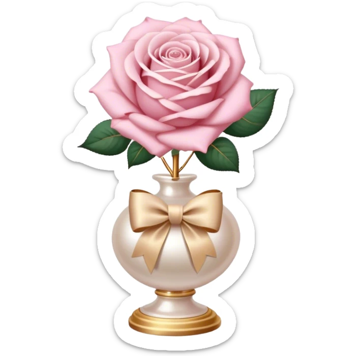 Realistic aesthetic powder pink rose in a pearl vase and a beige bow with gold decoration  sticker