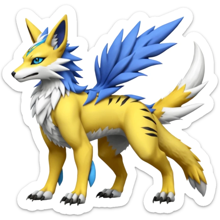 Feral Quadrupedal Digitigrade Renamon-Zeraora-Vernid-Sergal-fusion-hybrid-creature, full body  sticker
