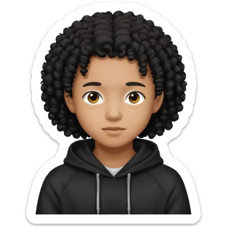 blasian teenager wearing a hoodie with black curly hair sticker