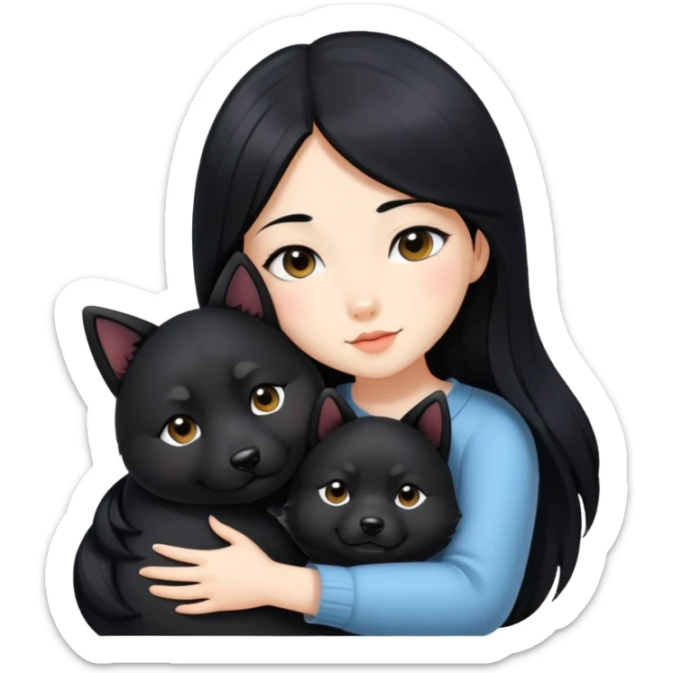 A beautiful girl with long black hair hugs a black Shiba Inu tightly sticker