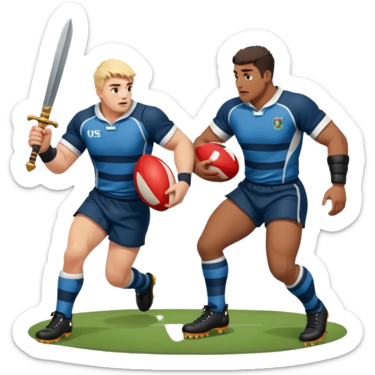 Batalla medieval protagonizada por jugadores y jugadoras de rugby con botas de rugby agarrando armamento y balones sticker