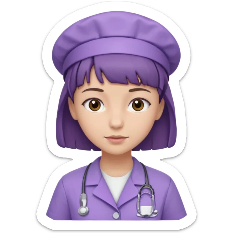 A young female slim nurse with short Brown hair with fringe over her forehead, wearing larvendar purple working cloth, without nurse cap sticker