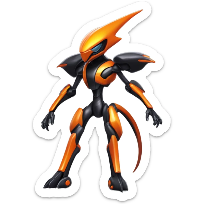 a shiny metallic black-orange Genesect-Flygon-Raptor-Fakémon-Medabot-hybrid with a futuristic visor-helmet full body sticker