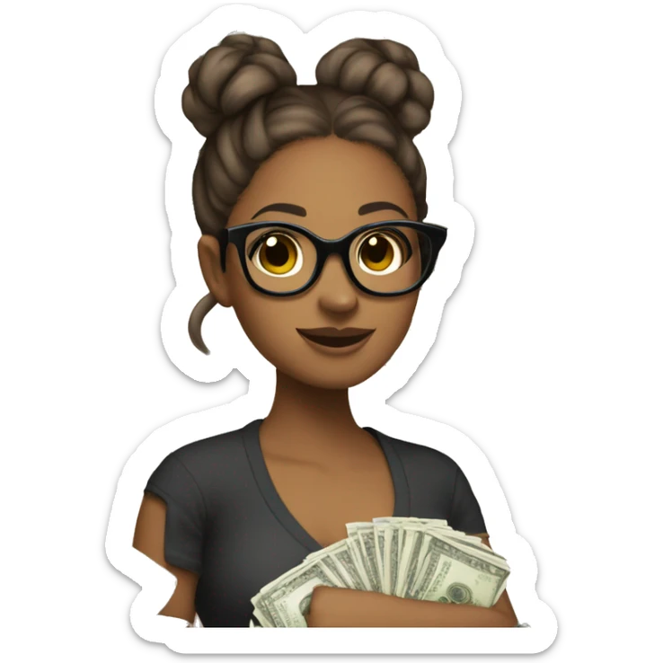 Sassy Brown girl holding money with glasses on and her hair in a bun sticker