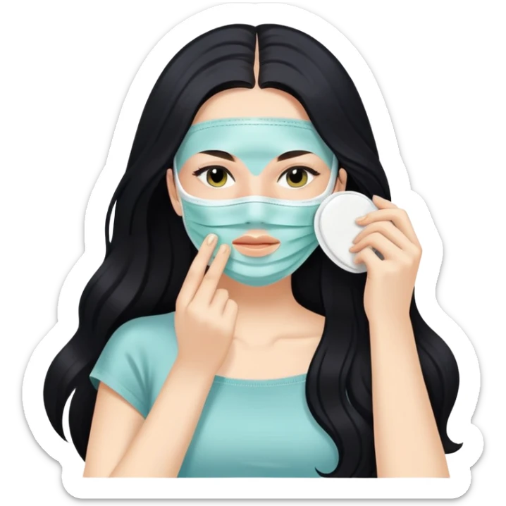White girl with long black hair applying face mask, self care skincare routine sticker