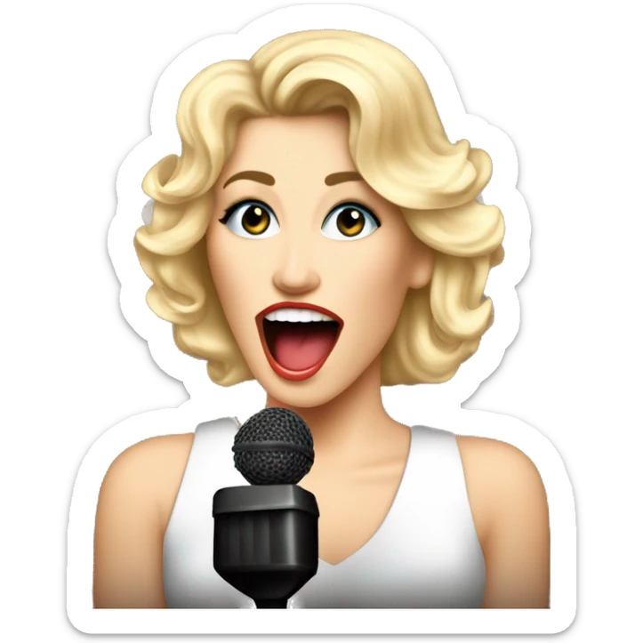 Beautiful Singer female with blond hair big volume 80's style, singing on the stage with microphone.  Retro rock 80-90's sticker