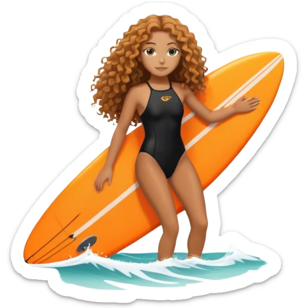 Surfer girl with black swimsuit and orange surfboard and long curly hair sticker