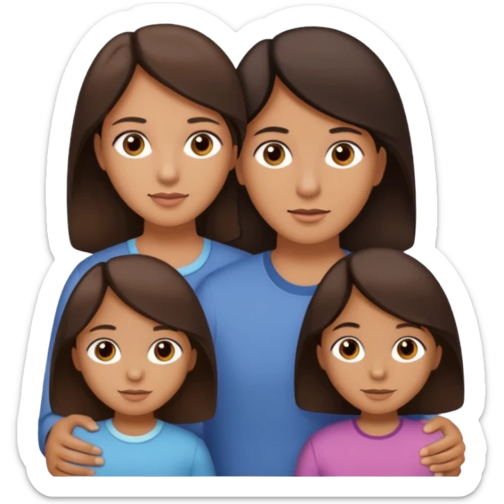 Family portrait with father with dark brown hair and black eyes, mother with light brown hair and brown eyes, three brown little girls with brown eyes sticker