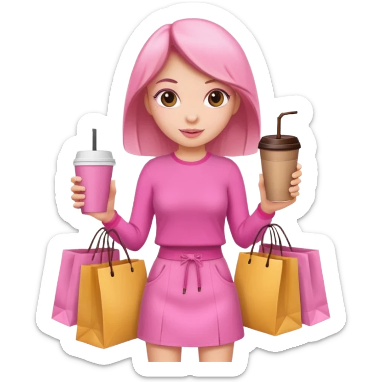 Girl with pink outfit and in hands shopping bags and coffee drink  sticker