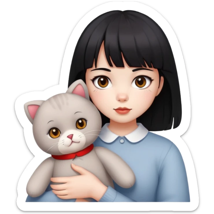  A girl with black eyes, red cheeks, black hair with straight bangs, and white face is holding a British gray cat and a brown teddy bear  sticker