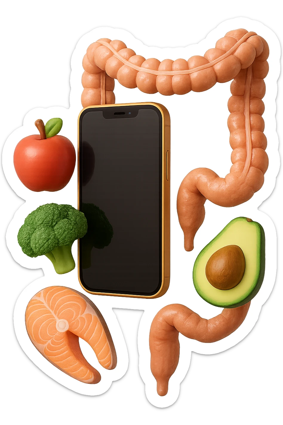 emoji stile iphone in 3d di cibo sano che fluttua in aria vericalmente insieme ùa pezzi di colon umano anatomico, iperrealistico 4k sticker