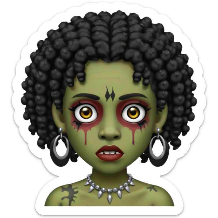Zumbi with black and curly hair, studded earrings on both ears, black eye sticker
