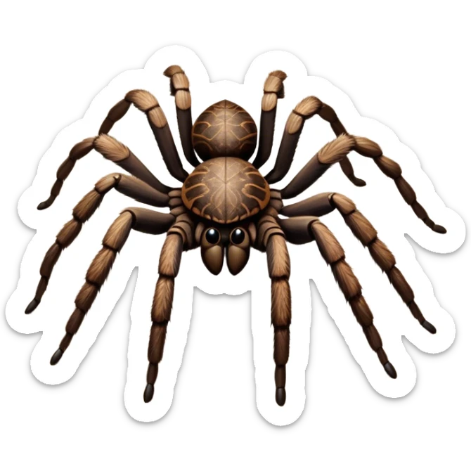 Close-up of a giant hairy tarantula in its natural habitat, with intricate web details surrounding it. The spider's texture is highlighted, emphasizing its hairy legs and features. Soft background with natural elements like leaves or rocks. Transparent background. sticker