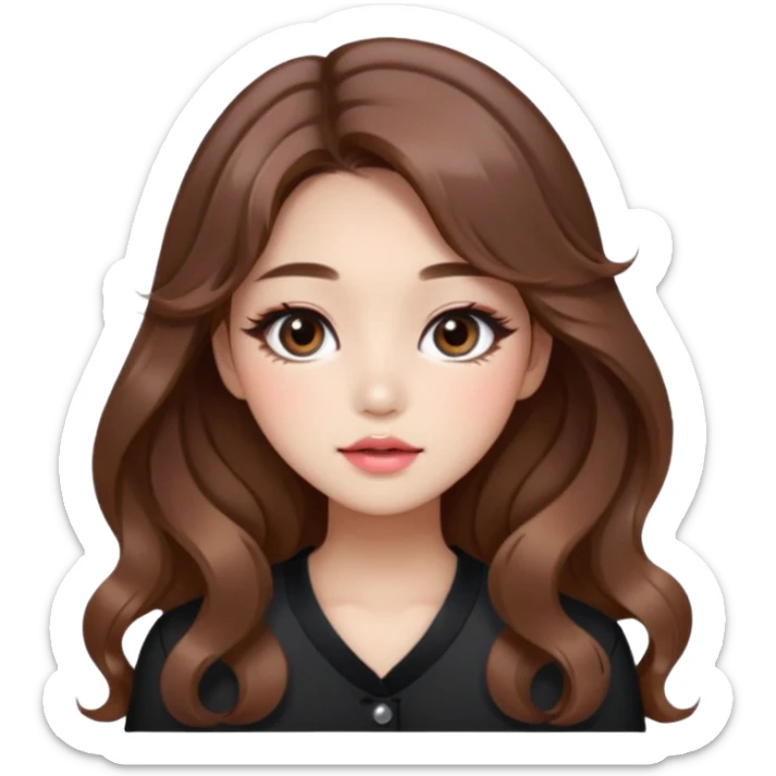 “korean brown hair Emoji girl, soft eyeliner and blush, gradient lips, light brown shimmer eyeshadow, sparkly aegyo-sal, long wavy hair,  sticker