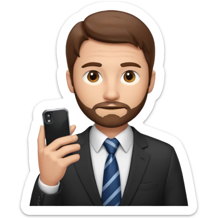 Escribano hombre con un poco de barba,  de traje con tez clara pelo color castaño, vestido con traje camisa y corbata y celular en mano .  sticker