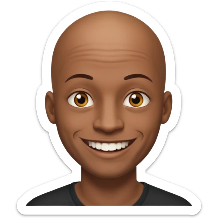 This is a cartoon-style avatar of a bald man with dark skin, golden-brown eyes, and facial tattoos, smiling with a friendly expression. sticker