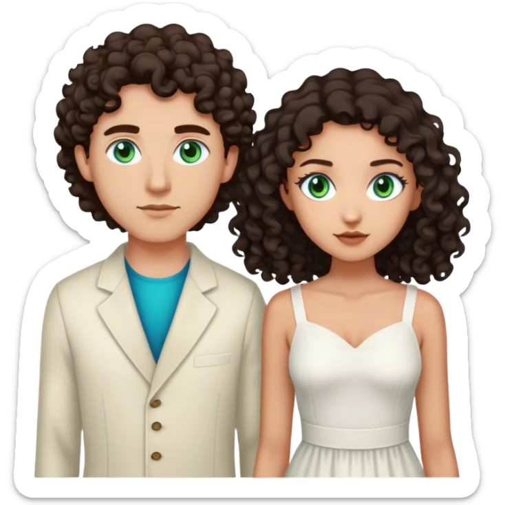 One tall man with light skin, green blue eyes, dark hair and one girl with tan skin and curly dark hair and brown eyes wearing a white midi dress  sticker