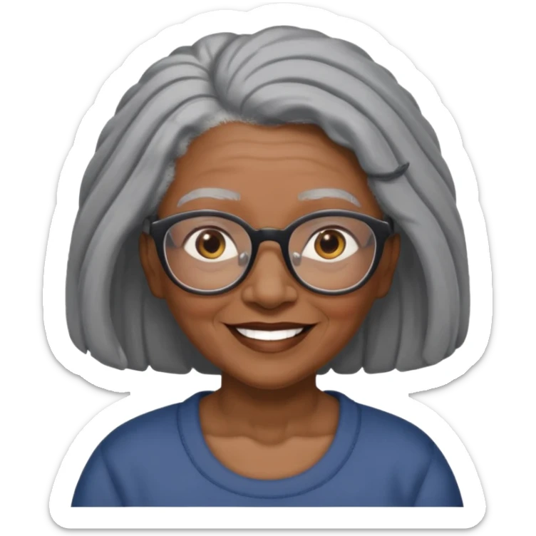 emoji of a black grandma with long hair that reaches past shoulder black and gray hair with glasses and brown eyebrows sticker
