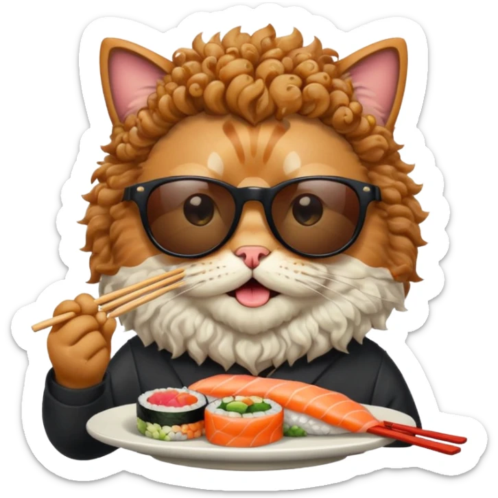 HAPPY CAT WITH CURLY HAIR AND A BIG BEARD wearing sunglasses and eating sushi sticker