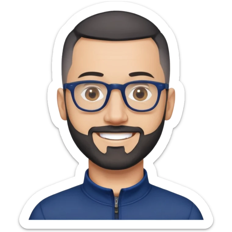 Smiling 40-year-old man with light skin, buzzcut-style very short black hair, gray beard, black glasses, wearing a navy blue athletic zip-neck long sleeve shirt sticker