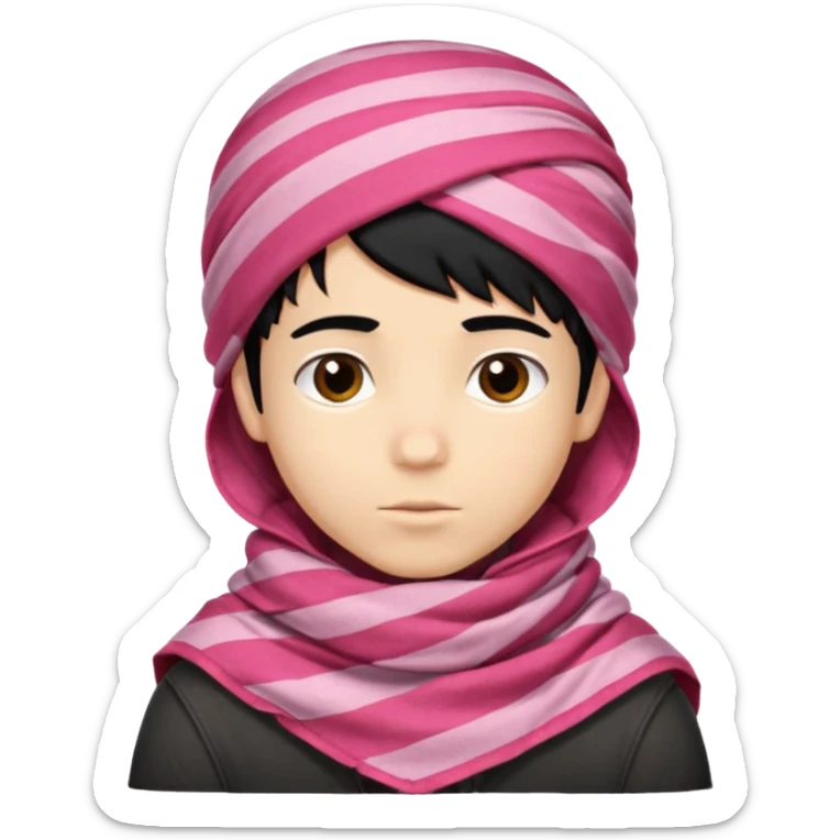 Emoji de un chico con turbante árabe que el chico sea de color piel clara y que tenga cabello negro y de fondo blanco y que tenga un pañuelo árabe de color rojo y con rayas rosas sticker