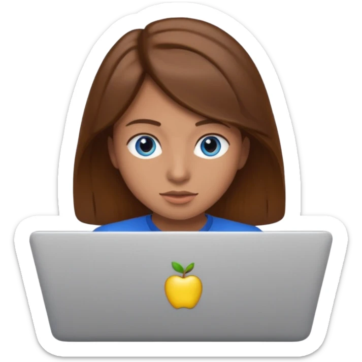 crazy student with laptop, wild hair, wide eyes, apple style emoji sticker