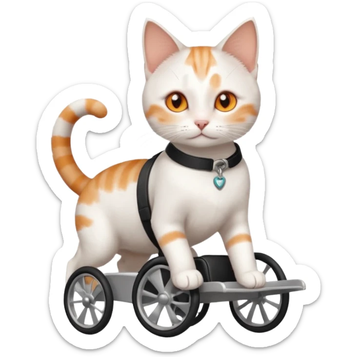 full body small short hair ginger and white cat with orange eyes walking in a wheelchair for cats sticker