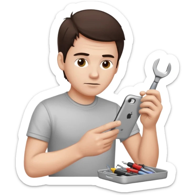 make a white guy with dark brown hair, with a simple white o grey shirt, repairing an iphone, un tecnico sticker