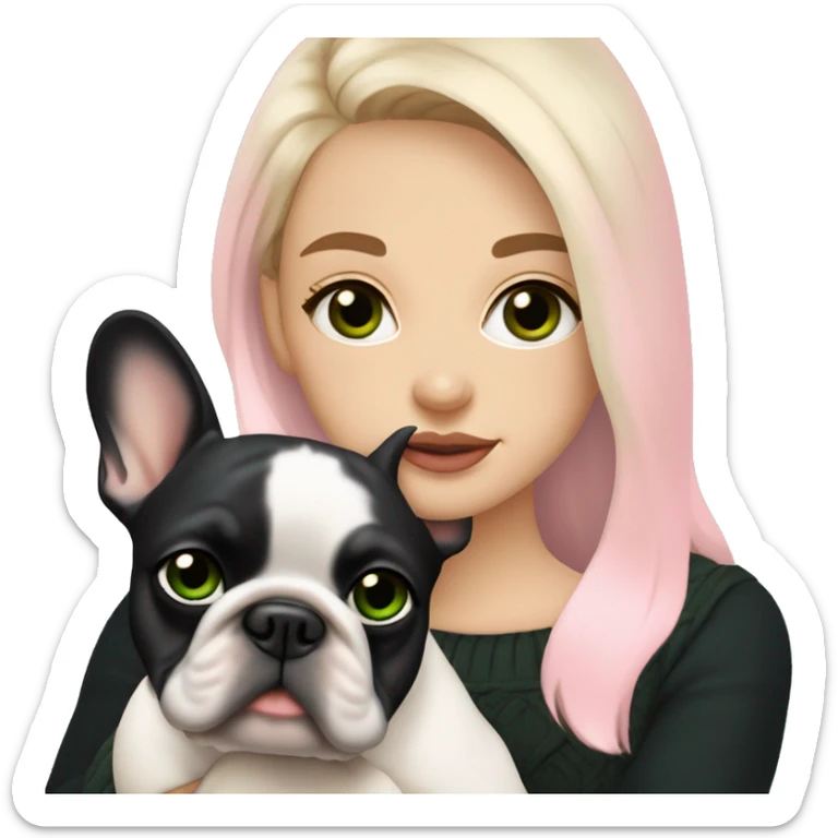 Dirty blonde girl with dark green eyes in black sweater cuddling with her pied french bulldog who has black head with white line between eyes and pink harness sticker
