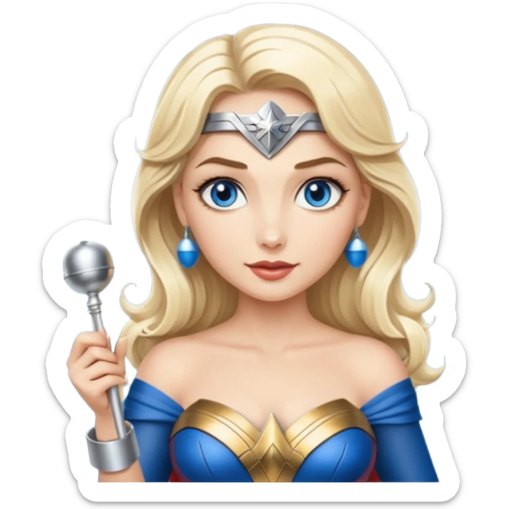Blonde blue eyes Wonder Woman holding bell and short white orchestra conductor’s baton  sticker