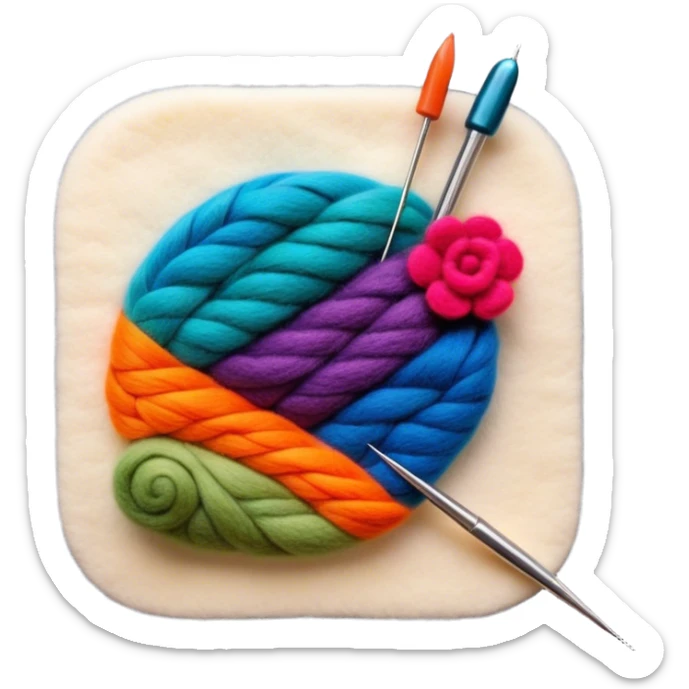 Felt art icon, colorful felt pieces being layered and shaped into a picture or decorative piece, felting needle and tools, intricate felted design in progress, minimalistic style, clean lines, transparent background. sticker