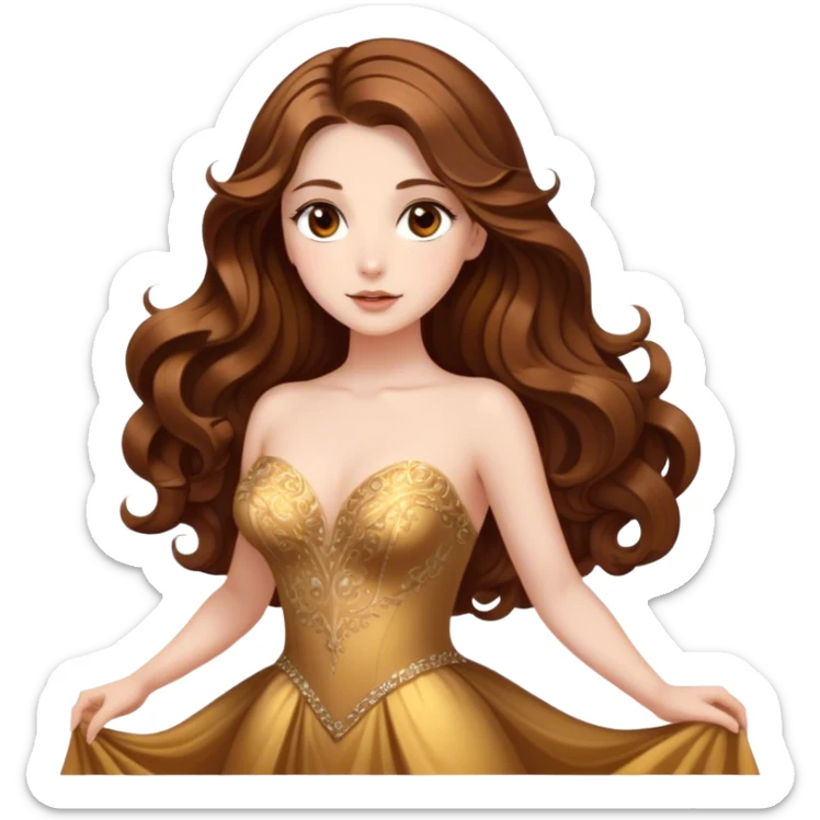 Cinematic Stunning Belle Portrait Emoji, Deep brown eyes full of curiosity, long chestnut hair flowing in soft waves, wearing her golden ballroom gown, glowing with warmth and elegance, a princess whose beauty is as radiant as her mind! sticker