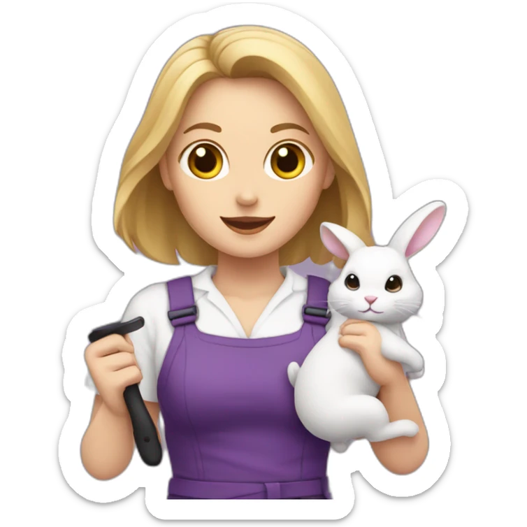 A white woman with purple uniform holding a knife and a bunny with love sticker