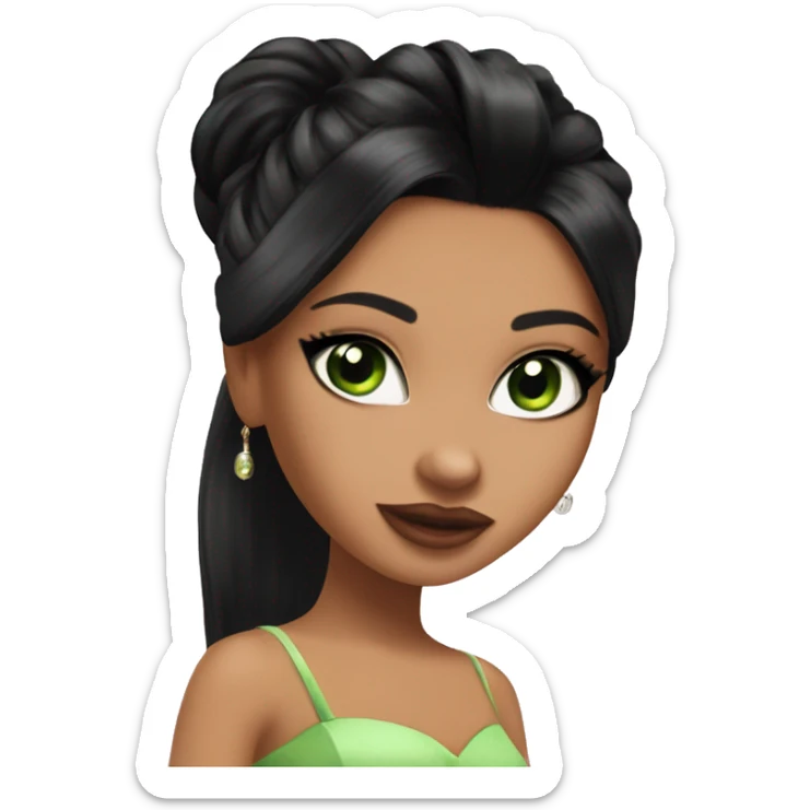 Bratz, club, cocktail dress, black hair, half up half down hair, olive skin, green almond cat eyes sticker