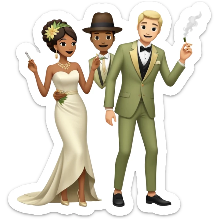 Full body view of person in fancy clothes sneaking into a wedding ceremony with a mischievous grin, uninvited guest, smoking cannabis sticker