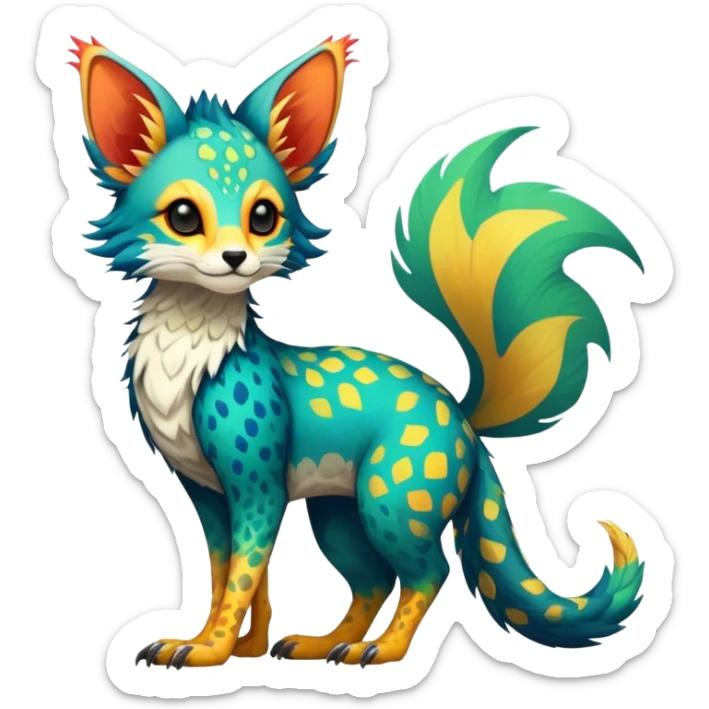 Feral Rare Fantasy vibrant colorful tropical Vernid-Trico-species by LiLaiRa, random markings, tufted tail, tufted ears, full body sticker