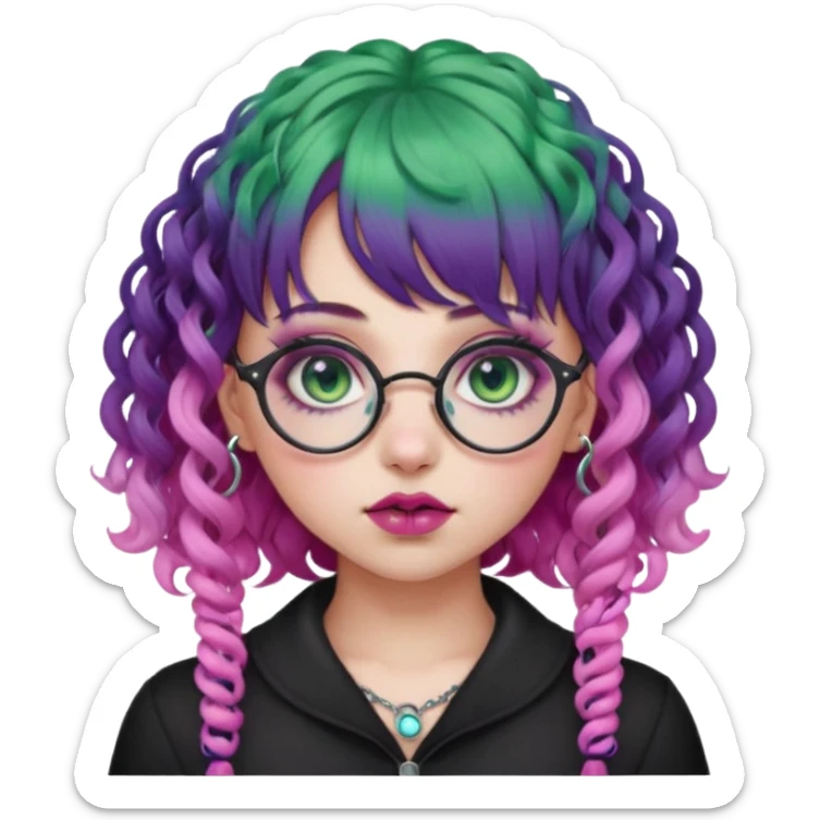 . Gothic girl with pink to violet ombré ringlet curly hair, bangs round glasses, septum piercing, nostril piercing, almond eyes, blueish green eyes,heavy eyeliner,  sticker