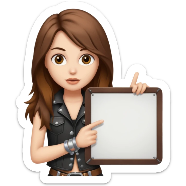 A fair skin rocker chick with long brown hair holding a large blank sign sticker
