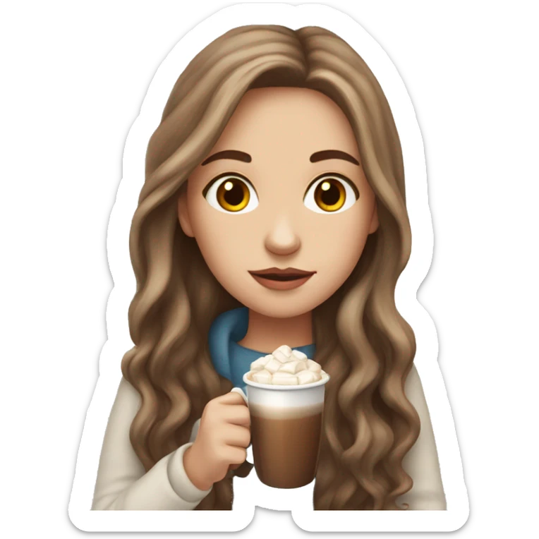 white girl with brown long hair and a hot chocolate sticker