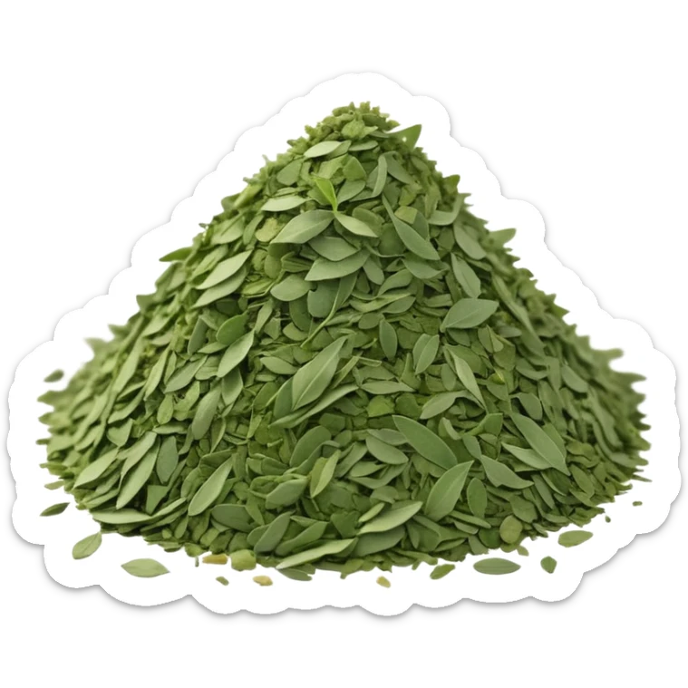loose airy pile of dried green herb flakes, finely crumbled, slightly dusty uneven texture, color ranging from sage to dark green, no extras, apple emoji style, soft lighting, subtle shadows, emoji scale sticker