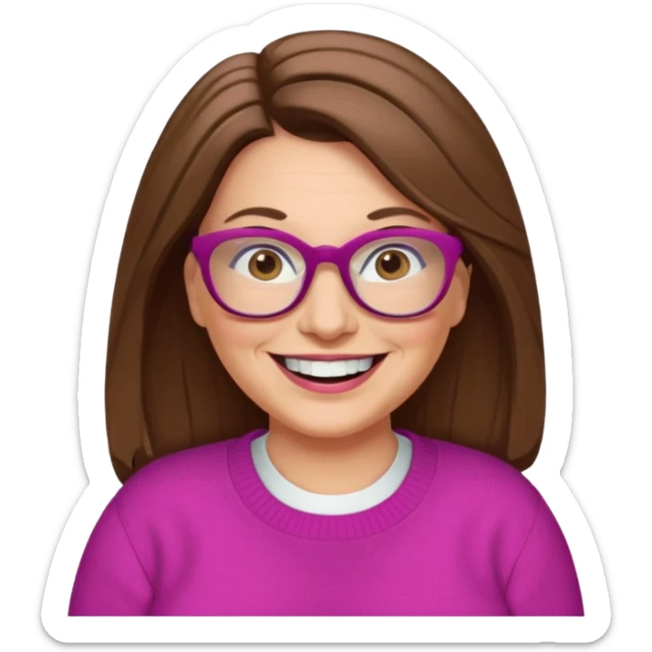 50 yr Caucasian woman, long brown hair parted on side, brown eyes, glasses, big smile, white teeth, fuscia sweater, chubby sticker