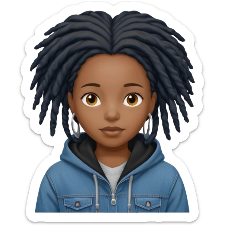 make a black girl with locs wearing a denim hoodie with black sleeves sticker