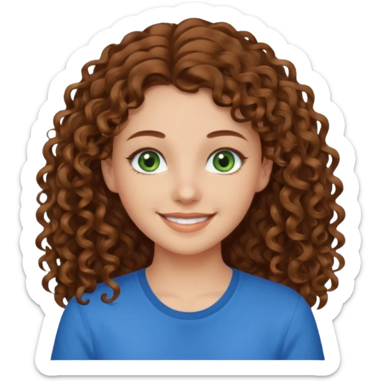 girl with brown hair, green eyes with a blue shirt no background ,young with curly hair smileing long hair sticker