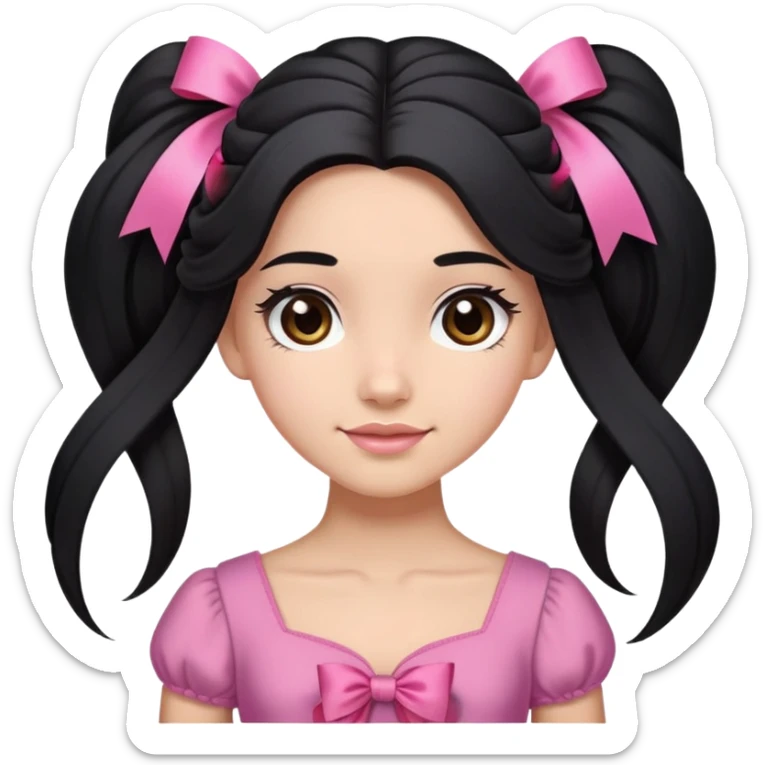 Beautiful girl with long black hair in a half-up half-down hairstyle with pink ribbon tying the top half, waves at the ends, brown eyes, light skin, slight smile, and pink dress sticker
